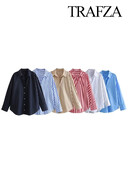 TRAFZA Γυναικείες vintage πολύχρωμες μπλούζες από ποπλίνα ριγέ μακρυμάνικο μονόστομο πουκάμισο πέτο Μόδα Casual Γυναικείο κομψό τοπ