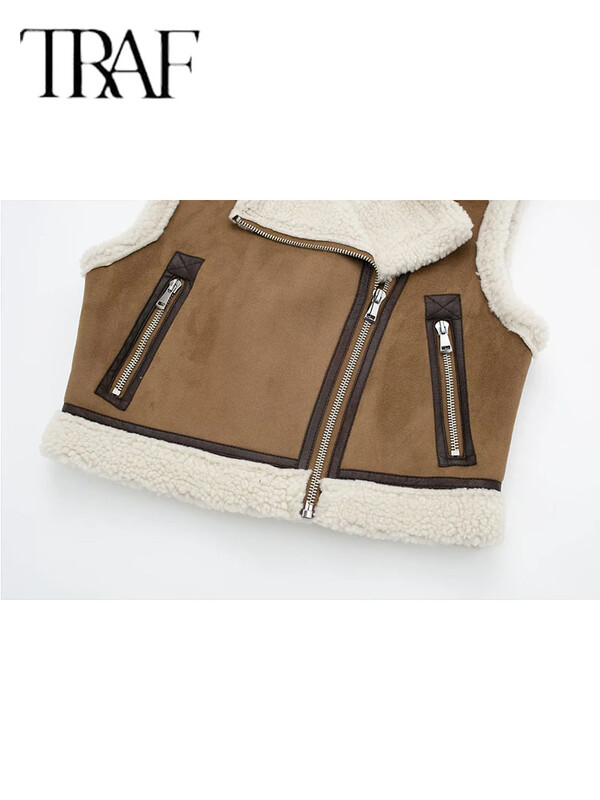 TRAF 2023 sügisene naistemood kunstnahast lambavill lapiga varrukateta vest jakk tihendav soe lukuga vestid mantel