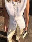 Ležerni prsluk Ženske jednoredne majice s džepovima, tanke, duge majice bez rukava, ženske ljetne, okruglog izreza, lanena modna jednobojna ženska majica