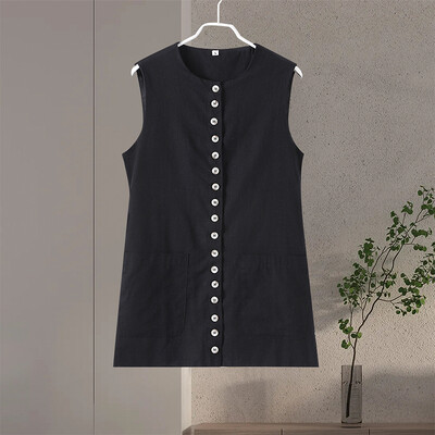 Ležerni prsluk Ženske jednoredne majice s džepovima, tanke, duge majice bez rukava, ženske ljetne, okruglog izreza, lanena modna jednobojna ženska majica