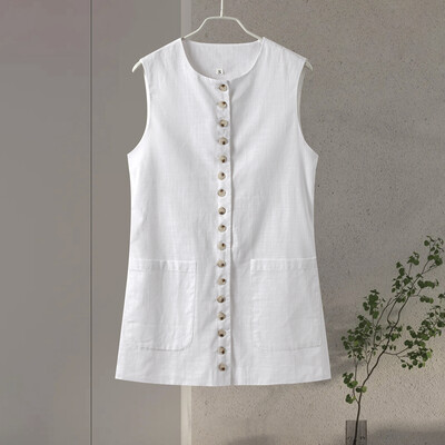 Ležerni prsluk Ženske jednoredne majice s džepovima, tanke, duge majice bez rukava, ženske ljetne, okruglog izreza, lanena modna jednobojna ženska majica