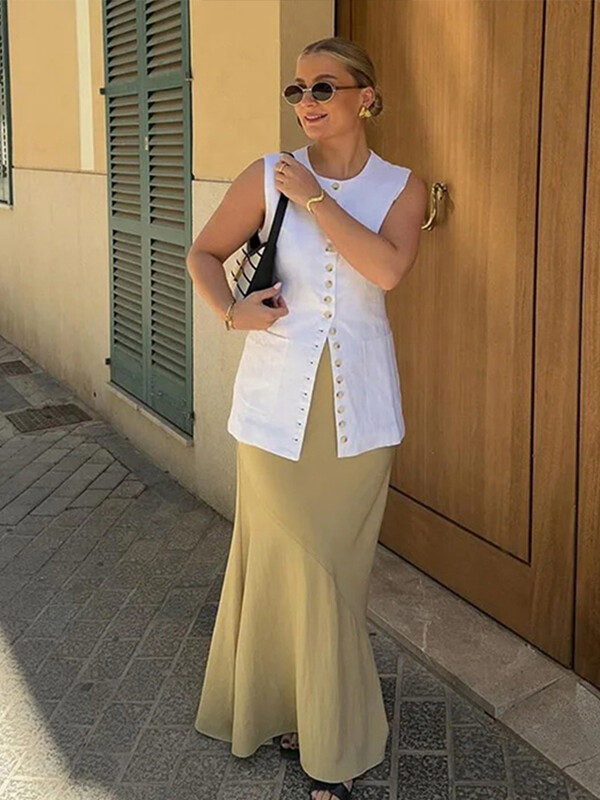 Ležerni prsluk Ženske jednoredne majice s džepovima, tanke, duge majice bez rukava, ženske ljetne, okruglog izreza, lanena modna jednobojna ženska majica