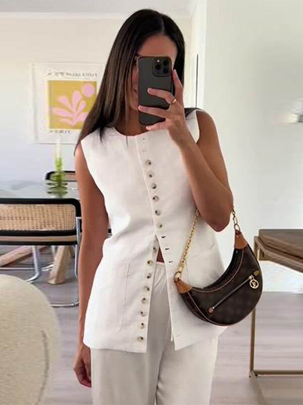 Ležerni prsluk Ženske jednoredne majice s džepovima, tanke, duge majice bez rukava, ženske ljetne, okruglog izreza, lanena modna jednobojna ženska majica