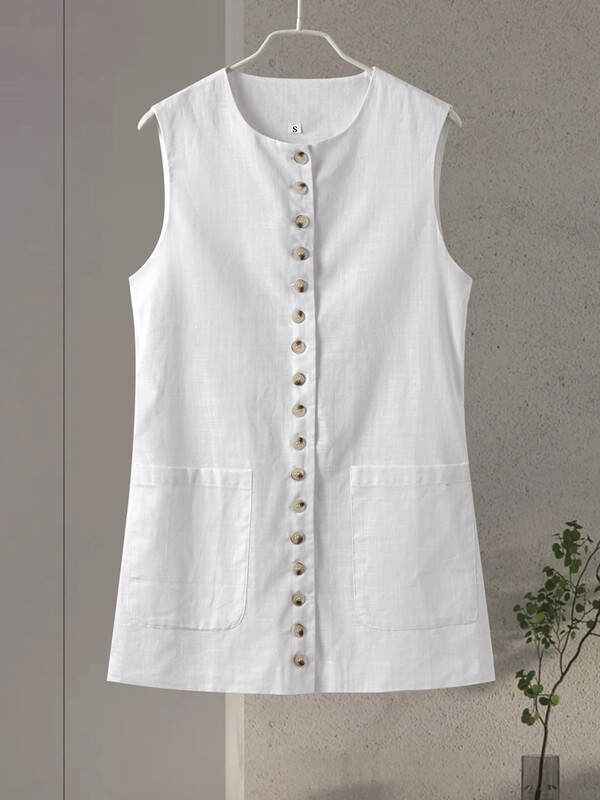 Ležerni prsluk Ženske jednoredne majice s džepovima, tanke, duge majice bez rukava, ženske ljetne, okruglog izreza, lanena modna jednobojna ženska majica