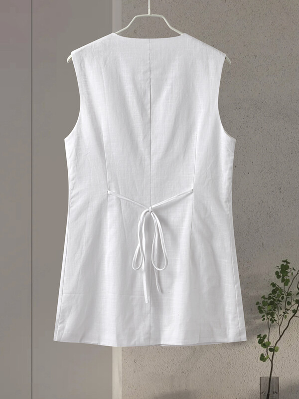 Ležerni prsluk Ženske jednoredne majice s džepovima, tanke, duge majice bez rukava, ženske ljetne, okruglog izreza, lanena modna jednobojna ženska majica