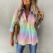 Γυναικεία μακρυμάνικα πουκάμισα άνοιξη φθινόπωρο με ντεγκραντέ με τύπωμα με κουμπιά με κουμπιά κάτω Πουκάμισο γραφείου Φαρδιά μπλούζα μπλούζα