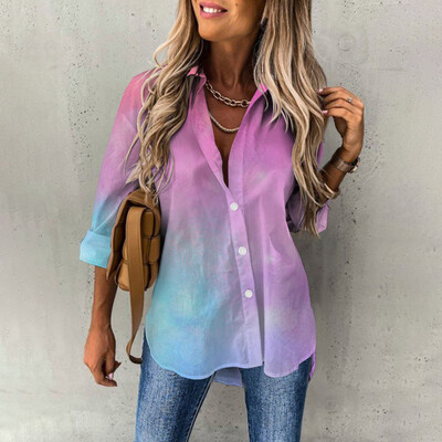 Γυναικεία μακρυμάνικα πουκάμισα άνοιξη φθινόπωρο με ντεγκραντέ με τύπωμα με κουμπιά με κουμπιά κάτω Πουκάμισο γραφείου Φαρδιά μπλούζα μπλούζα