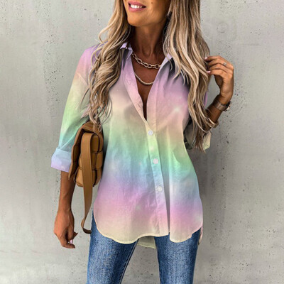 Γυναικεία μακρυμάνικα πουκάμισα άνοιξη φθινόπωρο με ντεγκραντέ με τύπωμα με κουμπιά με κουμπιά κάτω Πουκάμισο γραφείου Φαρδιά μπλούζα μπλούζα