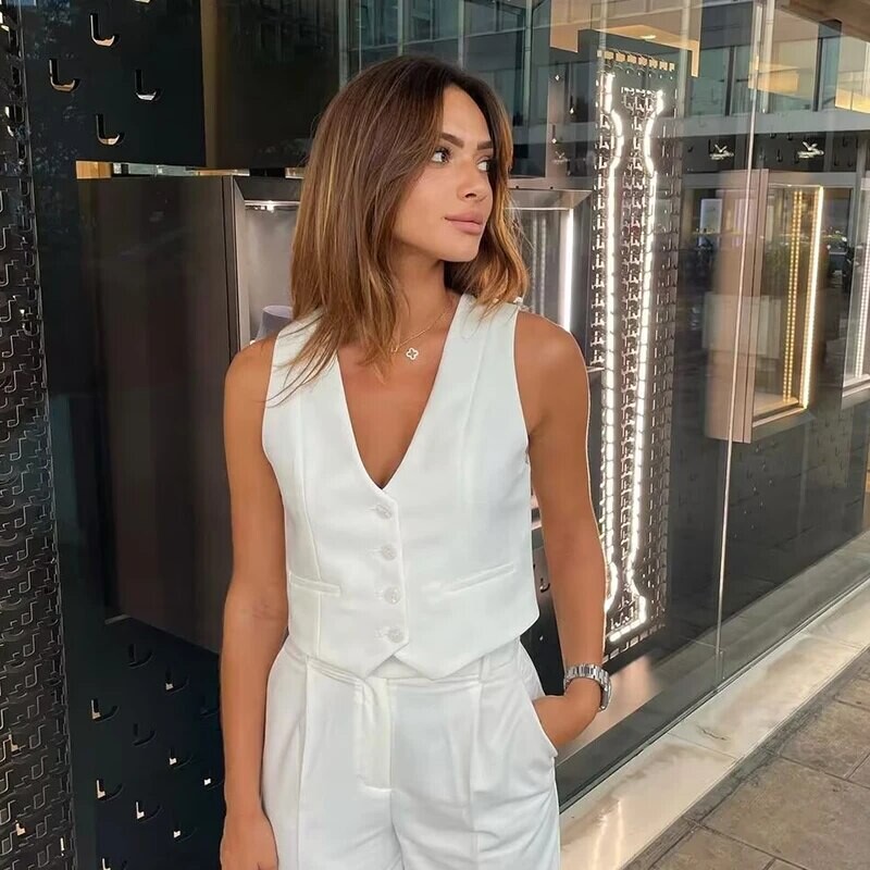 Vintage ženski elegantni kratki prsluk 2024. Modni ženski ležerni prsluk s V izrezom za uličnu žensku šik odjeću