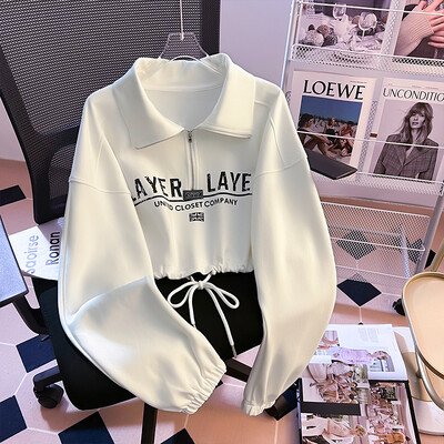 Bomon Street style američka majica s patentnim zatvaračem s printom slova Ženska kratka majica s kapuljačom za proljeće i jesen s malim dizajnom s uzicom