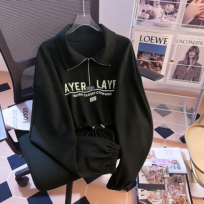 Bomon Street style američka majica s patentnim zatvaračem s printom slova Ženska kratka majica s kapuljačom za proljeće i jesen s malim dizajnom s uzicom