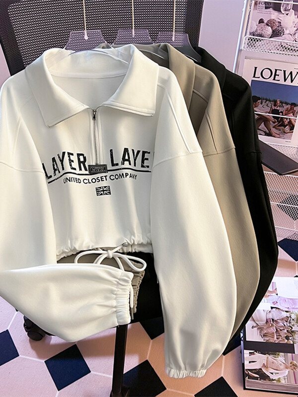 Bomon Street style američka majica s patentnim zatvaračem s printom slova Ženska kratka majica s kapuljačom za proljeće i jesen s malim dizajnom s uzicom