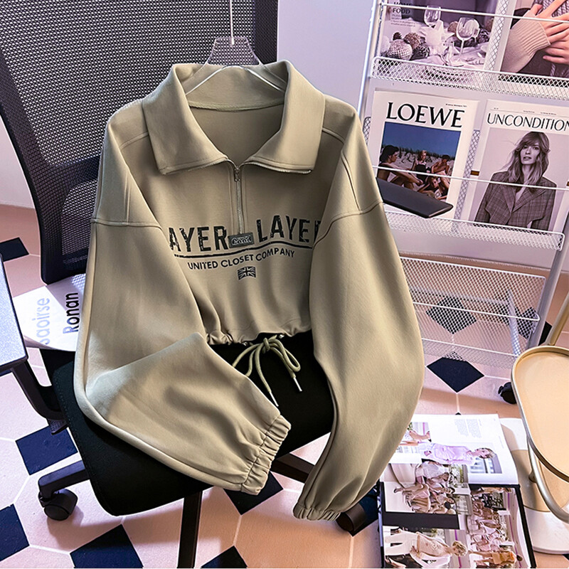 Bomon Street style američka majica s patentnim zatvaračem s printom slova Ženska kratka majica s kapuljačom za proljeće i jesen s malim dizajnom s uzicom