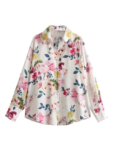 TRAF GAL 2024 Άνοιξη κομψό γυναικείο σατέν πουκάμισο με μακρυμάνικο λαιμόκοψη μακρυμάνικο vintage φλοράλ εμπριμέ μπλούζα Γυναικεία μπλούζα Y2K λεπτό