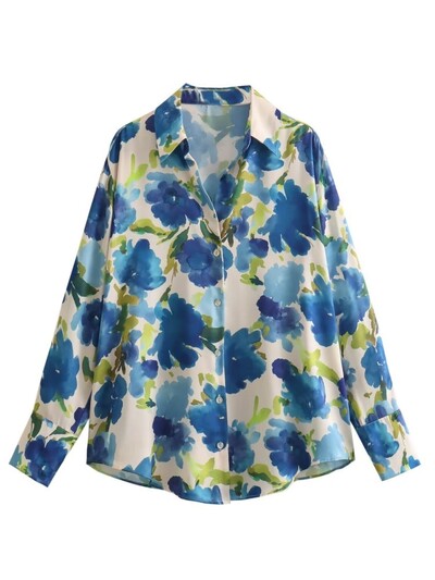 TRAF GAL 2024 Άνοιξη κομψό γυναικείο σατέν πουκάμισο με μακρυμάνικο λαιμόκοψη μακρυμάνικο vintage φλοράλ εμπριμέ μπλούζα Γυναικεία μπλούζα Y2K λεπτό