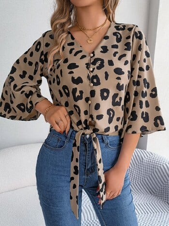 Άνοιξη Καλοκαίρι casual Leopard print με μεσαίο μανίκι με παπιγιόν γυναικείο πουκάμισο με κουμπιά