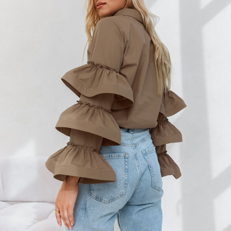 Elegantne jednobojne bluze u francuskom stilu Ženske proljetne jednokopčane majice na rever Jesen Ležerne košulje dugih rukava s volanima na više razina
