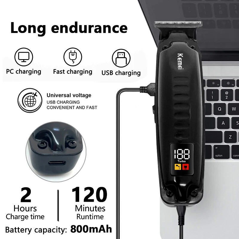 Kemei KM-1578 muški aparat za šišanje Punjivi aparat za šišanje Profesionalni LCD digitalni zaslon Punjač USB stroj za šišanje