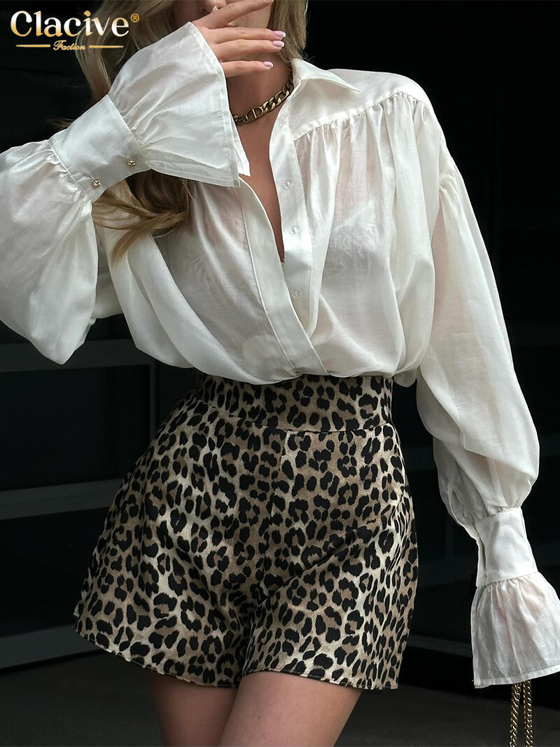 Modna široka ružičasta uredska ženska bluza Clacive 2024. Elegantna košulja dugih rukava na rever Ležerna klasična jednobojna ženska odjeća