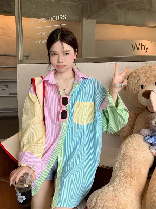 XEJ kevadsuvi naiste pluus Kawaii särk Korea magusa kommi värvi lapitehnika triibuline pikkade varrukatega tuunika kaunid topid