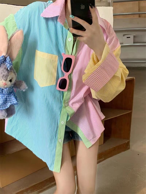 XEJ kevadsuvi naiste pluus Kawaii särk Korea magusa kommi värvi lapitehnika triibuline pikkade varrukatega tuunika kaunid topid