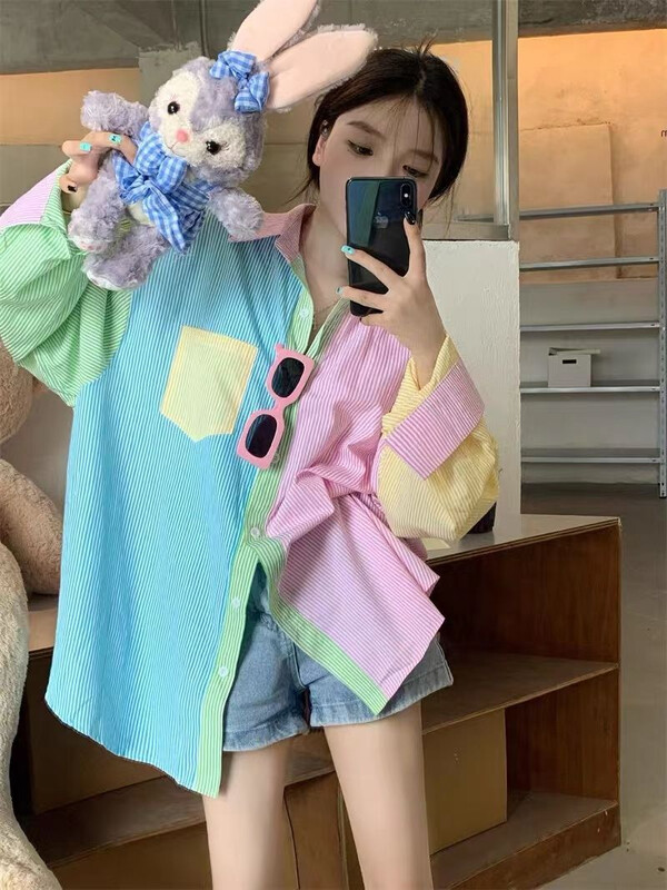 XEJ kevadsuvi naiste pluus Kawaii särk Korea magusa kommi värvi lapitehnika triibuline pikkade varrukatega tuunika kaunid topid