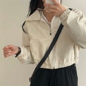 Ženska jesenska Y2k odjeća dugih rukava Prozračna ležerna jednobojna Ropa Mujer retro korejska 2024. skraćena svijetlosiva majica s patentnim zatvaračem