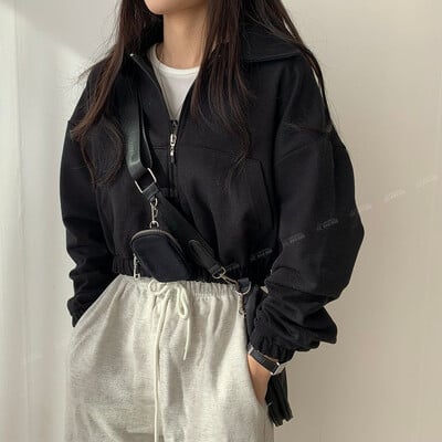 Ženska jesenska Y2k odjeća dugih rukava Prozračna ležerna jednobojna Ropa Mujer retro korejska 2024. skraćena svijetlosiva majica s patentnim zatvaračem