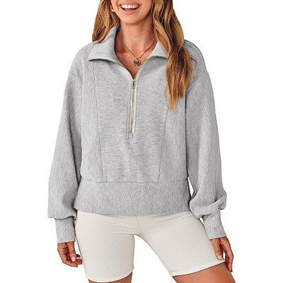 Novi jesenski modni 2023. široki pulover s poluotvorenim vratom i patchworkom, temperamentan, ležeran ženski patentni zatvarač, dugih rukava