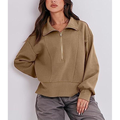 Novi jesenski modni 2023. široki pulover s poluotvorenim vratom i patchworkom, temperamentan, ležeran ženski patentni zatvarač, dugih rukava