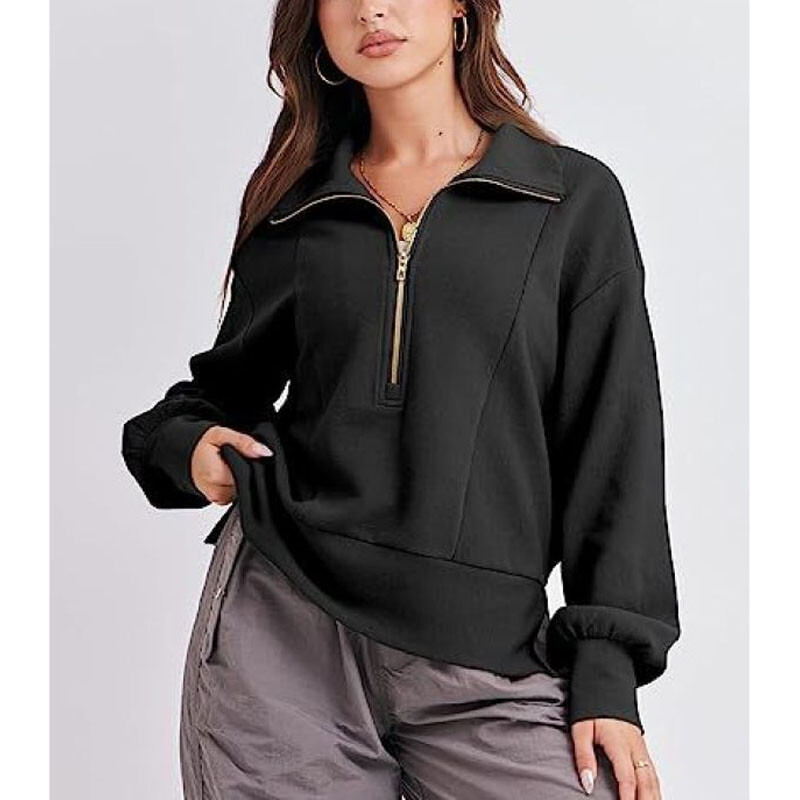 Novi jesenski modni 2023. široki pulover s poluotvorenim vratom i patchworkom, temperamentan, ležeran ženski patentni zatvarač, dugih rukava