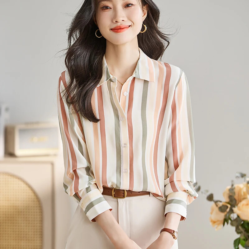 Prugasta bluza Ženske bluze dugih rukava 2024. Proljeće Novo OL Ženska odjeća Vintage košulje Tanke, elegantne korejske modne ženske majice