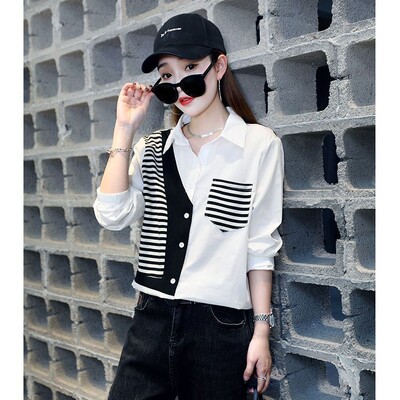Ljetna polo-izrez prugasta patchwork majica dugih rukava Ženska ležerna modna top ženska prevelika ulična odjeća Vintage bluza