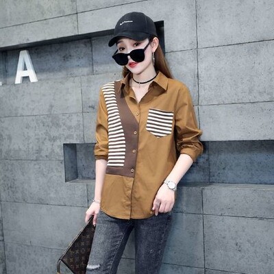 Ljetna polo-izrez prugasta patchwork majica dugih rukava Ženska ležerna modna top ženska prevelika ulična odjeća Vintage bluza