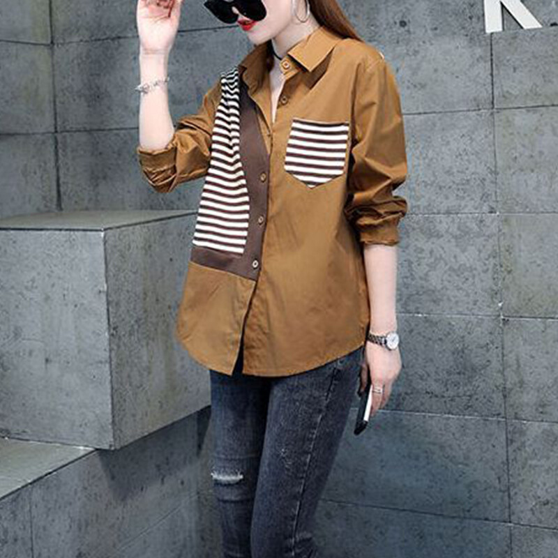 Ljetna polo-izrez prugasta patchwork majica dugih rukava Ženska ležerna modna top ženska prevelika ulična odjeća Vintage bluza