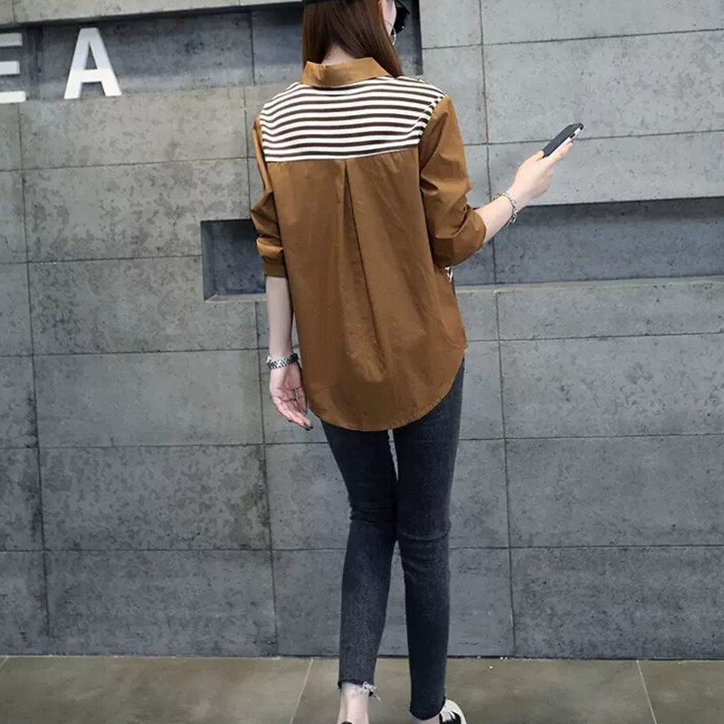 Ljetna polo-izrez prugasta patchwork majica dugih rukava Ženska ležerna modna top ženska prevelika ulična odjeća Vintage bluza