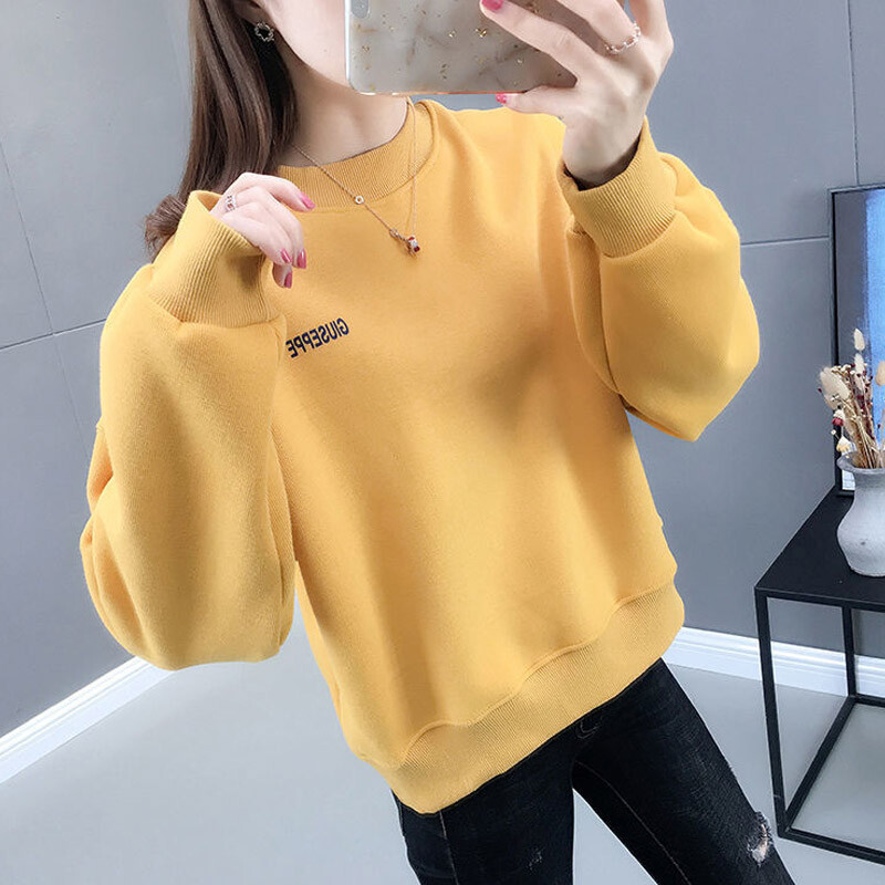 Jednobojne kratke majice s ispisom slova Ženske visokokvalitetne plišane majice dugih rukava i podeblje jesensko-zimske kombinacije 2022.