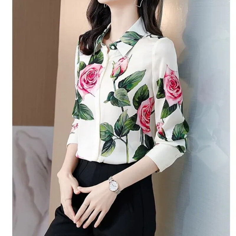 Temperamentna cvjetna polo bluza s polo izrezom Proljeće jesen Nova modna majica dugih rukava s printom Elegantna uredska ženska odjeća