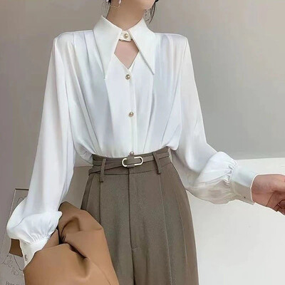 MEXZT Elegantne šik košulje Ženske bluze s dugim rukavima s otvorenim ovratnikom i izdubljenim rukavima Uredske dame Proljetne korejske Ol jednobojne majice s gumbima