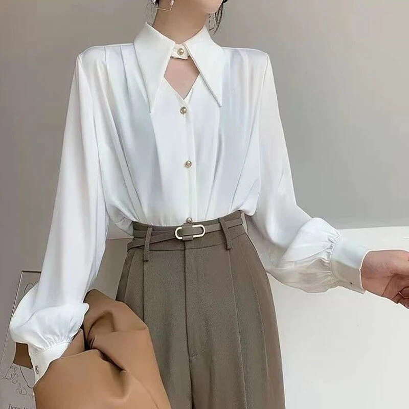 MEXZT Elegantne šik košulje Ženske bluze s dugim rukavima s otvorenim ovratnikom i izdubljenim rukavima Uredske dame Proljetne korejske Ol jednobojne majice s gumbima