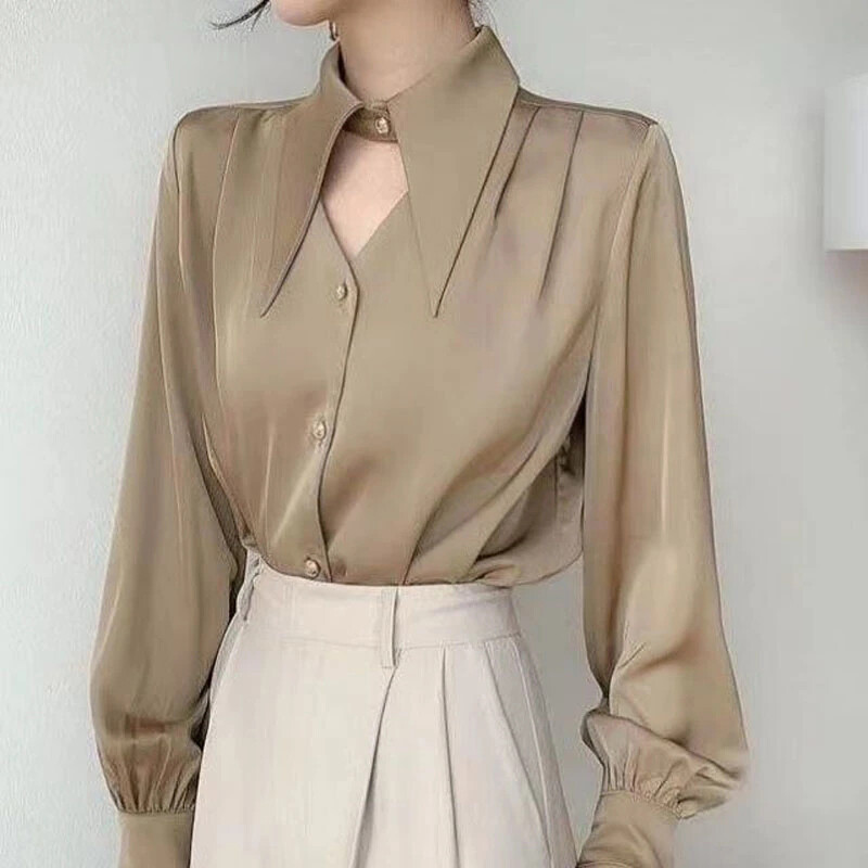 MEXZT Elegantne šik košulje Ženske bluze s dugim rukavima s otvorenim ovratnikom i izdubljenim rukavima Uredske dame Proljetne korejske Ol jednobojne majice s gumbima