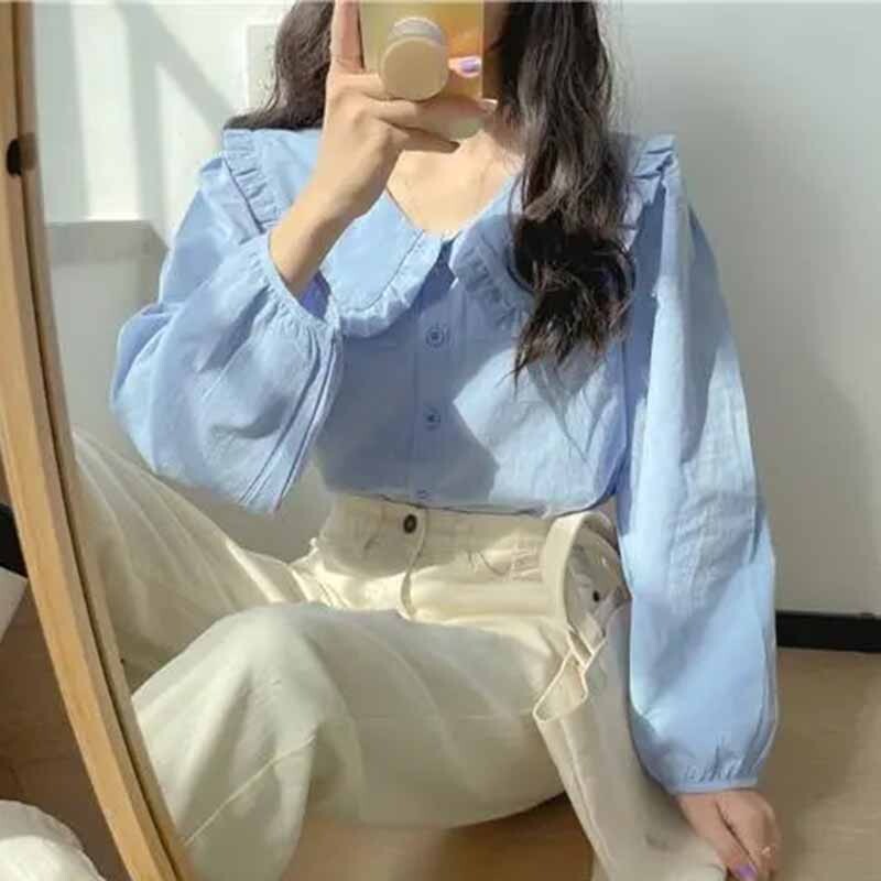 Femei, primăvară, stil retro, galben lapte, guler pentru păpuși, design Sense, cardigan cu mâneci lungi, bluză pentru femei, cămașă de culoare uni, topuri