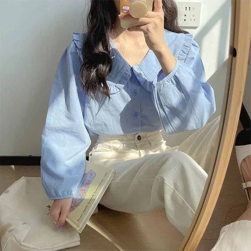 Femei, primăvară, stil retro, galben lapte, guler pentru păpuși, design Sense, cardigan cu mâneci lungi, bluză pentru femei, cămașă de culoare uni, topuri