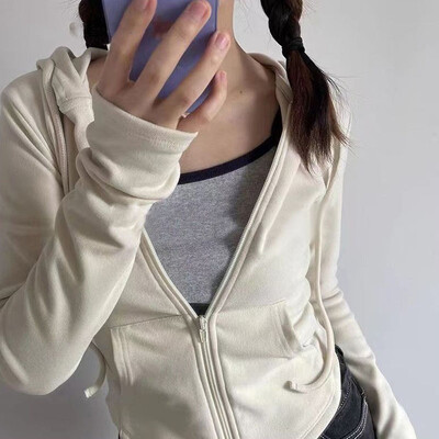 Xpqbb Vintage cu fermoar decupat hanorace femei culoare solidă Y2K cu mânecă lungă jachetă cu glugă femeie stil coreean subțire Streetwear