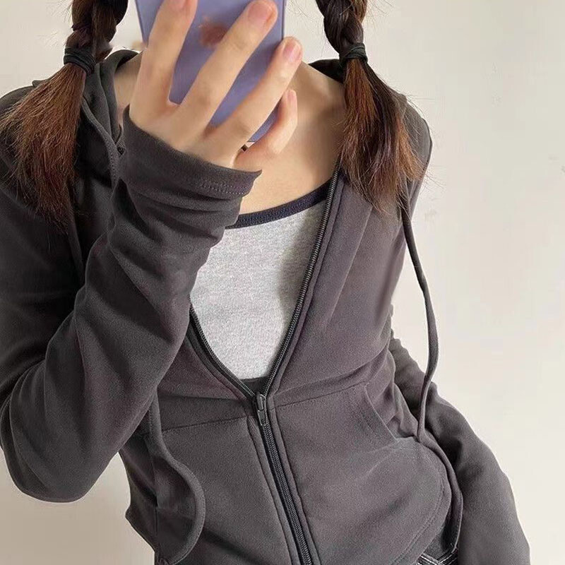 Xpqbb Vintage skraćene majice s kapuljačom na patentni zatvarač Ženska jednobojna Y2K jakna s kapuljačom dugih rukava Ženska tanka ulična majica s kapuljačom u korejskom stilu