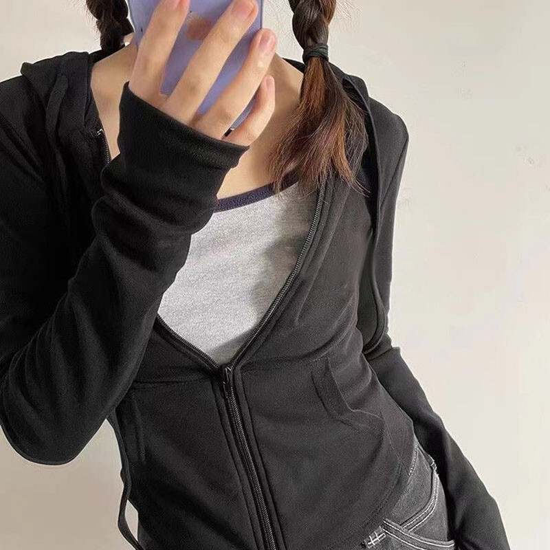 Xpqbb Vintage skraćene majice s kapuljačom na patentni zatvarač Ženska jednobojna Y2K jakna s kapuljačom dugih rukava Ženska tanka ulična majica s kapuljačom u korejskom stilu