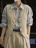 [LANMREM] Κορεάτικο λινό γιλέκο για γυναίκες άνοιξη 2024 Νέο με μασίφ λαιμόκοψη V, αμάνικο μονόστομο vintage γυναικεία μπουφάν