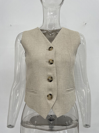 [LANMREM] Κορεάτικο λινό γιλέκο για γυναίκες άνοιξη 2024 Νέο με μασίφ λαιμόκοψη V, αμάνικο μονόστομο vintage γυναικεία μπουφάν