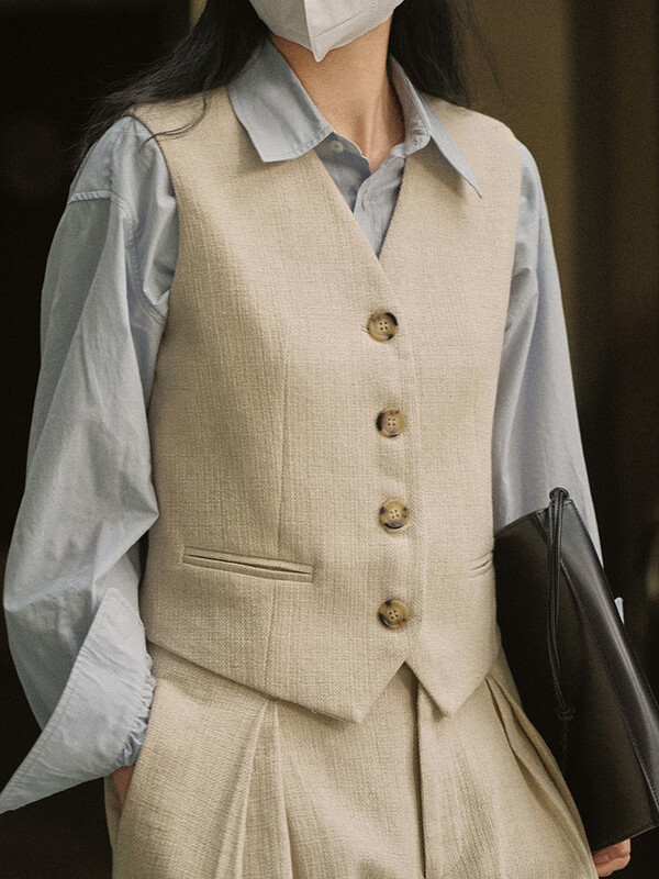 [LANMREM] Κορεάτικο λινό γιλέκο για γυναίκες άνοιξη 2024 Νέο με μασίφ λαιμόκοψη V, αμάνικο μονόστομο vintage γυναικεία μπουφάν