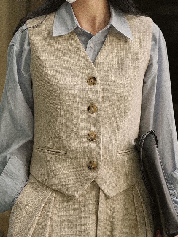 [LANMREM] Κορεάτικο λινό γιλέκο για γυναίκες άνοιξη 2024 Νέο με μασίφ λαιμόκοψη V, αμάνικο μονόστομο vintage γυναικεία μπουφάν